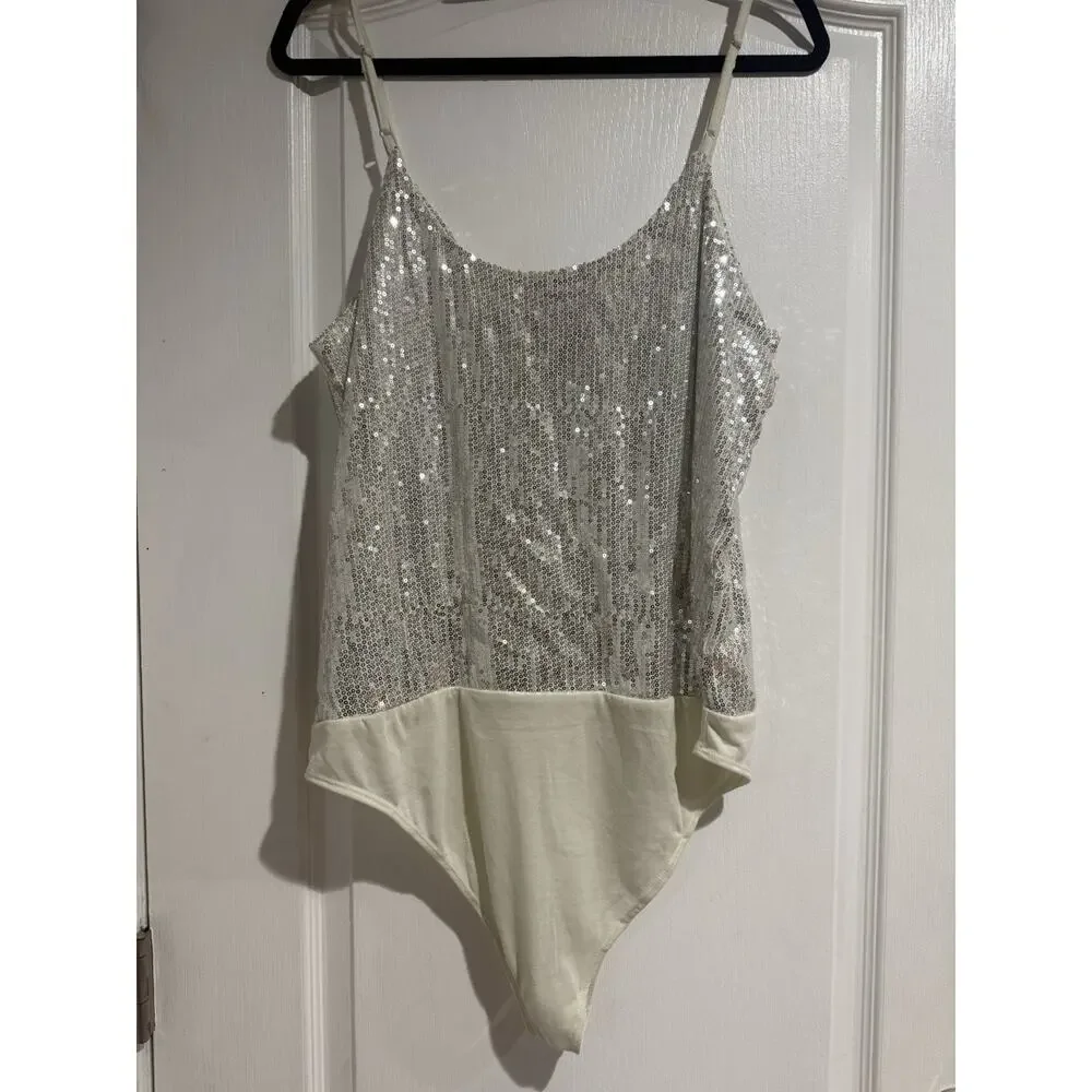 NWT Jennifer Lopez XLarge Sequin Cream/Silver Wrap Bodysuit Shirt